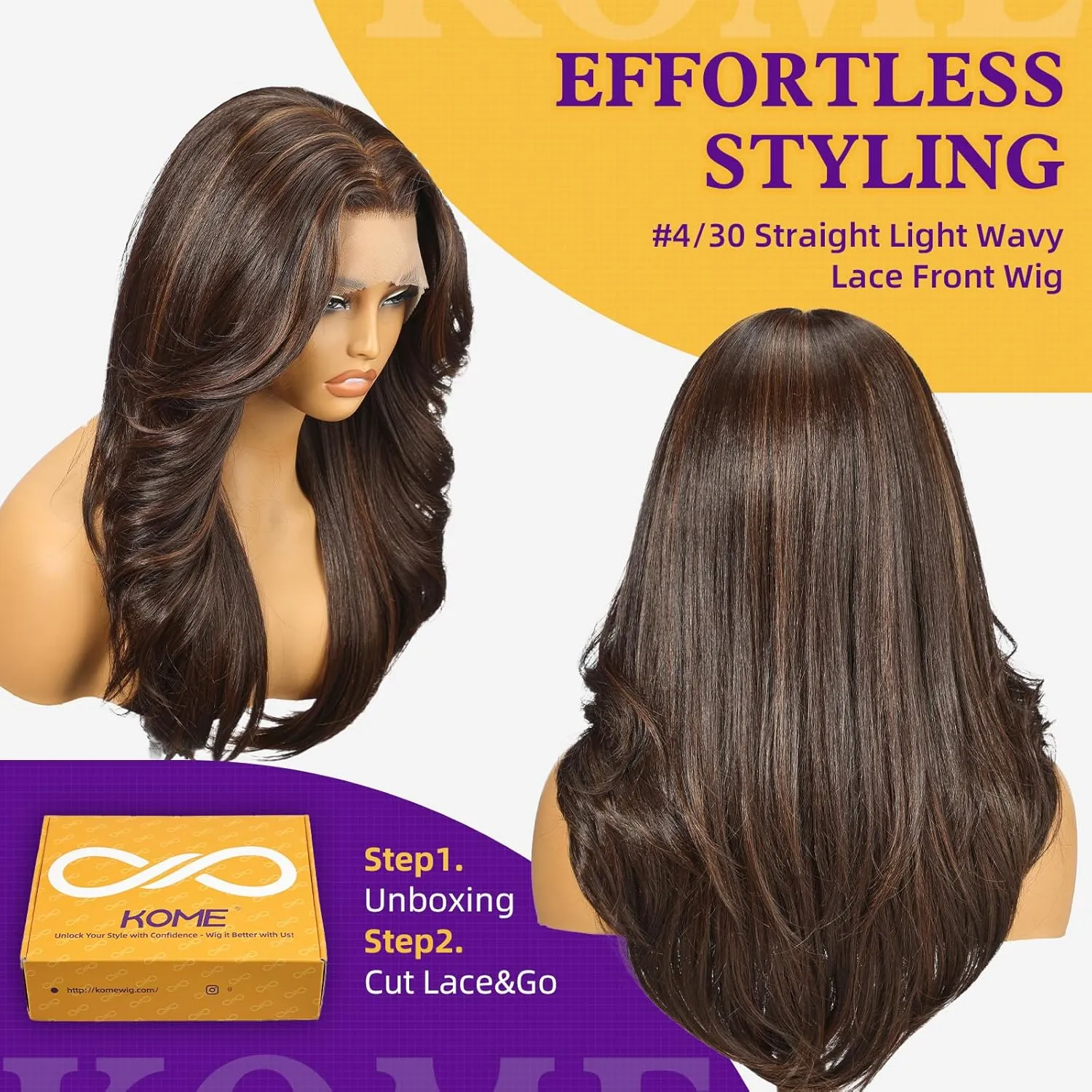 Brown Highlight Synthetic Lace Front Wig,13X6 HD Long Straight Glueless Wig for Women Daily Use 20IN（4/30）