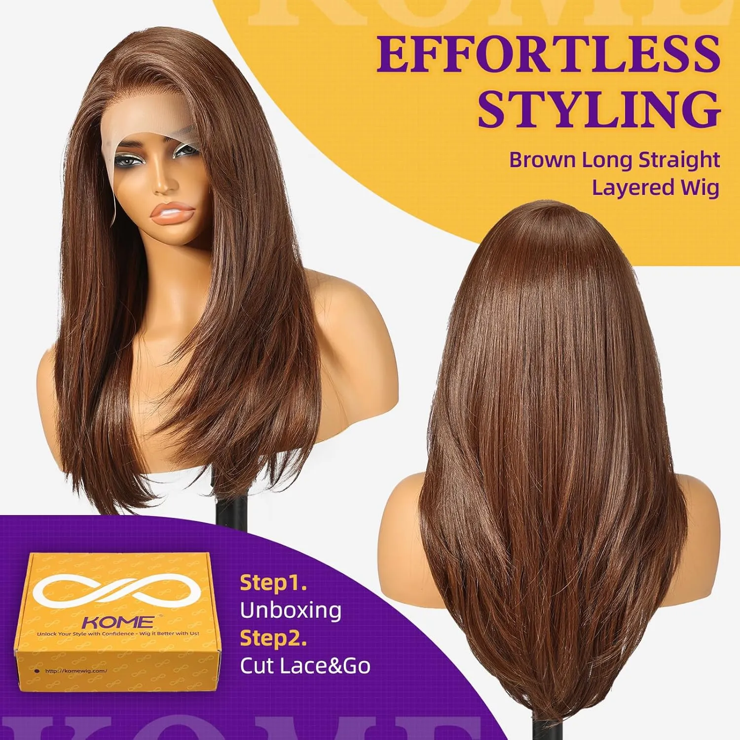 Brown Synthetic Lace Front Wig,13X6 Long Straight Layered Glueless Wigs for Women Daily Use 22IN