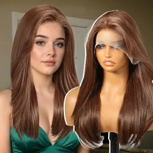 Brown Synthetic Lace Front Wig,13X6 Long Straight Layered Glueless Wigs for Women Daily Use 22IN