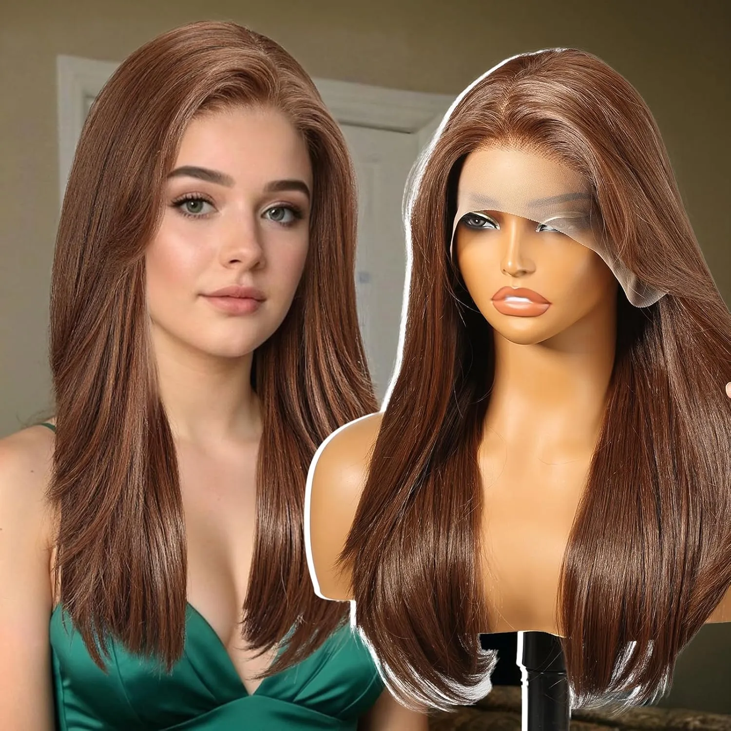 Brown Synthetic Lace Front Wig,13X6 Long Straight Layered Glueless Wigs for Women Daily Use 22IN