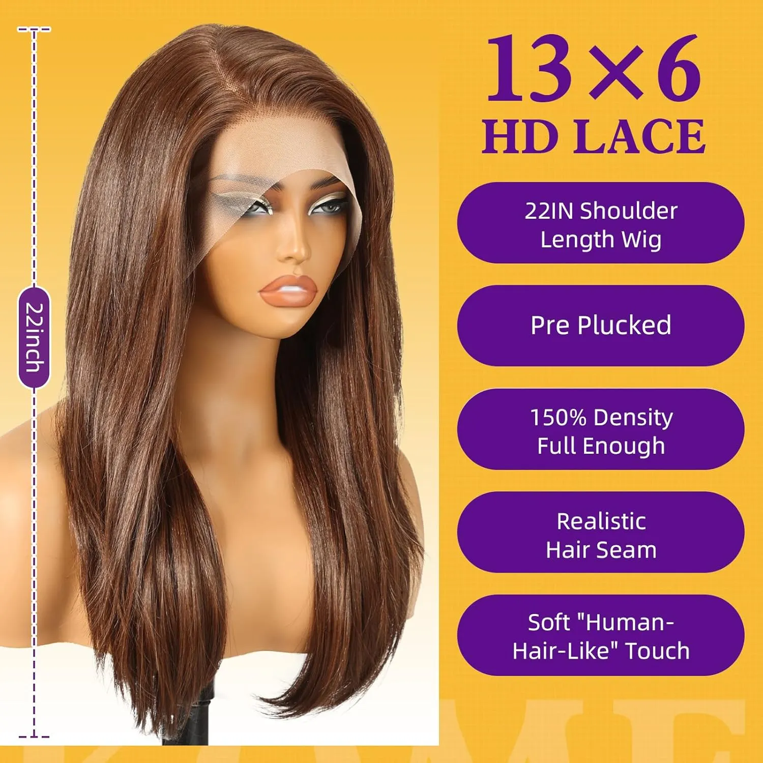 Brown Synthetic Lace Front Wig,13X6 Long Straight Layered Glueless Wigs for Women Daily Use 22IN