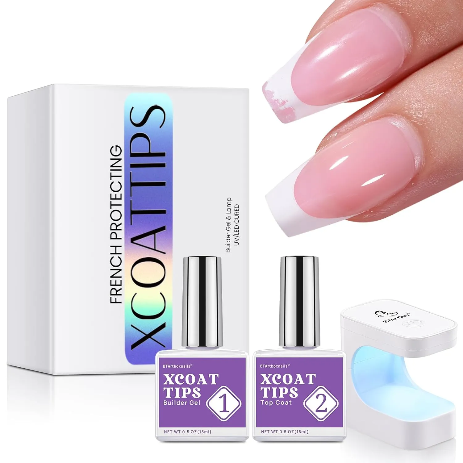 BTArtboxnails Nail Tips Builder Gel - Long Lasting 15ml Builder Gel with Portable Nail Lamp for French XCOATTIPS, 30 Days French Protection Duo Nail Extension Tool for Nail Art