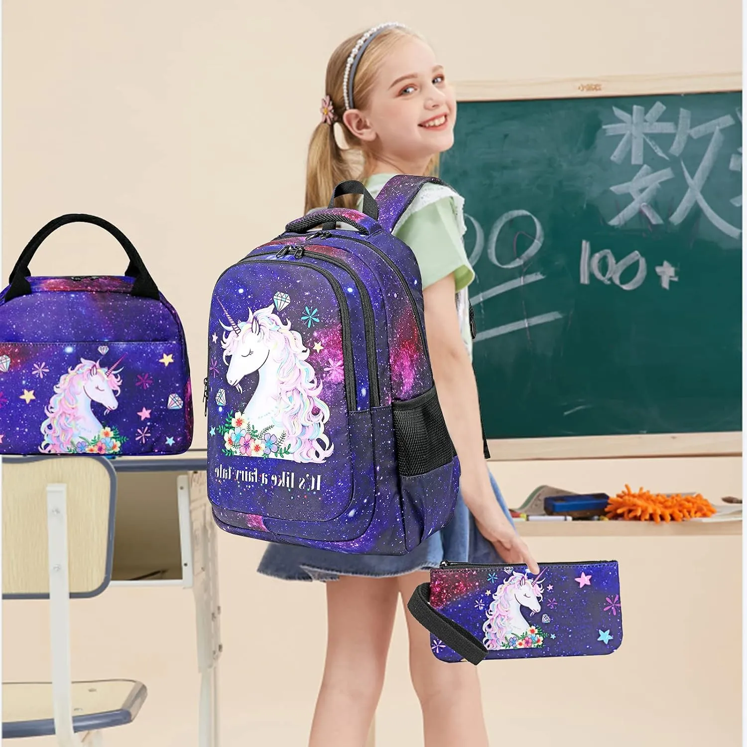BTOOP Girls Backpack Kids Boys Elementary Bookbag Girly School Bag with Insulated Lunch Tote and Pencil Pouch