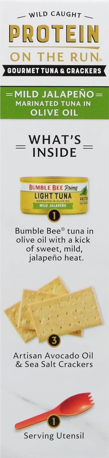 Bumble Bee Prime Protein on the Run Tuna Snack Kit, Pack of 12 - Gourmet Tuna Marinated in Olive Oil & Mild Jalapeno with Crackers and Serving Utensil - 20g of Protein Per Serving