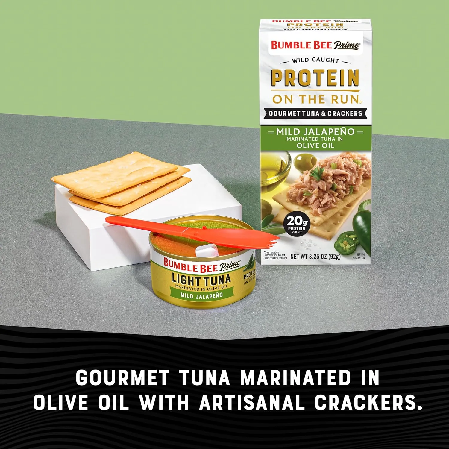 Bumble Bee Prime Protein on the Run Tuna Snack Kit, Pack of 12 - Gourmet Tuna Marinated in Olive Oil & Mild Jalapeno with Crackers and Serving Utensil - 20g of Protein Per Serving
