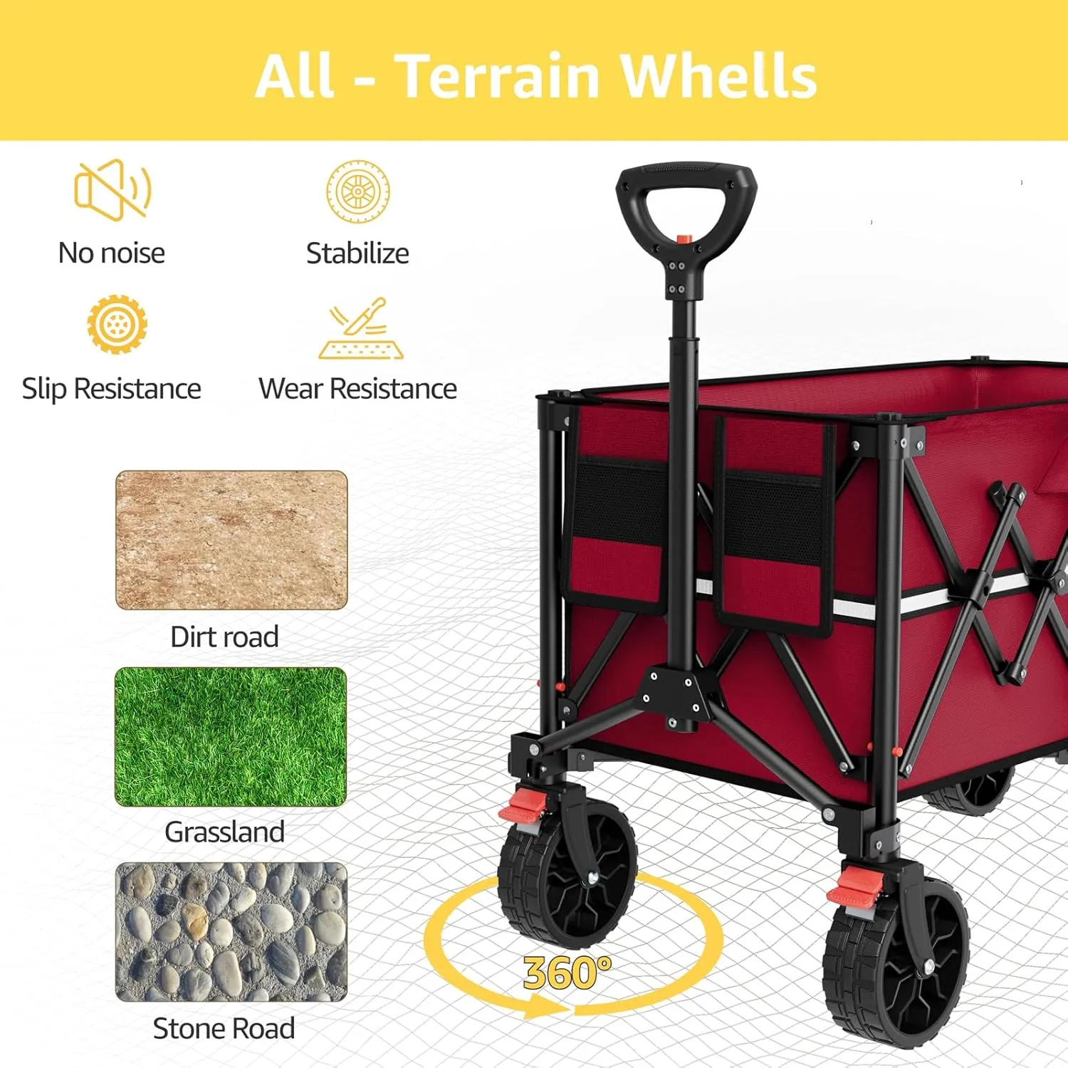Burgundy Folding Wagon Cart with Wheels Foldable - Collapsible Wagons Carts Heavy Duty, Fold Up Portable Utility Wagon for Grocery Beach Sports Fishing Camping Shopping