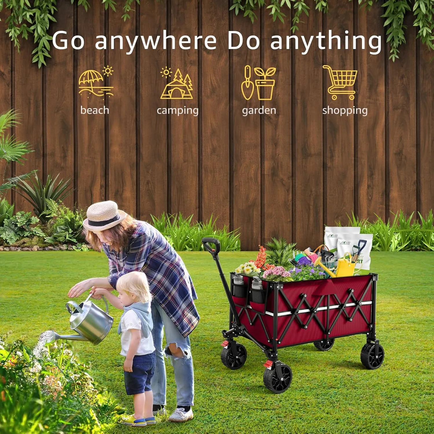 Burgundy Folding Wagon Cart with Wheels Foldable - Collapsible Wagons Carts Heavy Duty, Fold Up Portable Utility Wagon for Grocery Beach Sports Fishing Camping Shopping