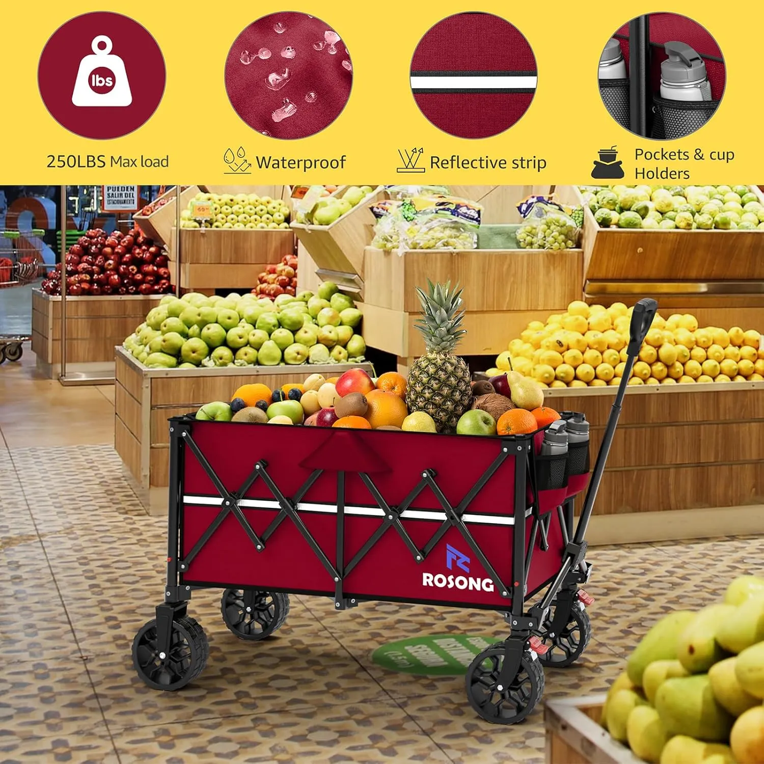 Burgundy Folding Wagon Cart with Wheels Foldable - Collapsible Wagons Carts Heavy Duty, Fold Up Portable Utility Wagon for Grocery Beach Sports Fishing Camping Shopping