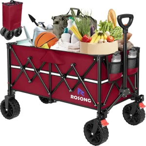 Burgundy Folding Wagon Cart with Wheels Foldable - Collapsible Wagons Carts Heavy Duty, Fold Up Portable Utility Wagon for Grocery Beach Sports Fishing Camping Shopping