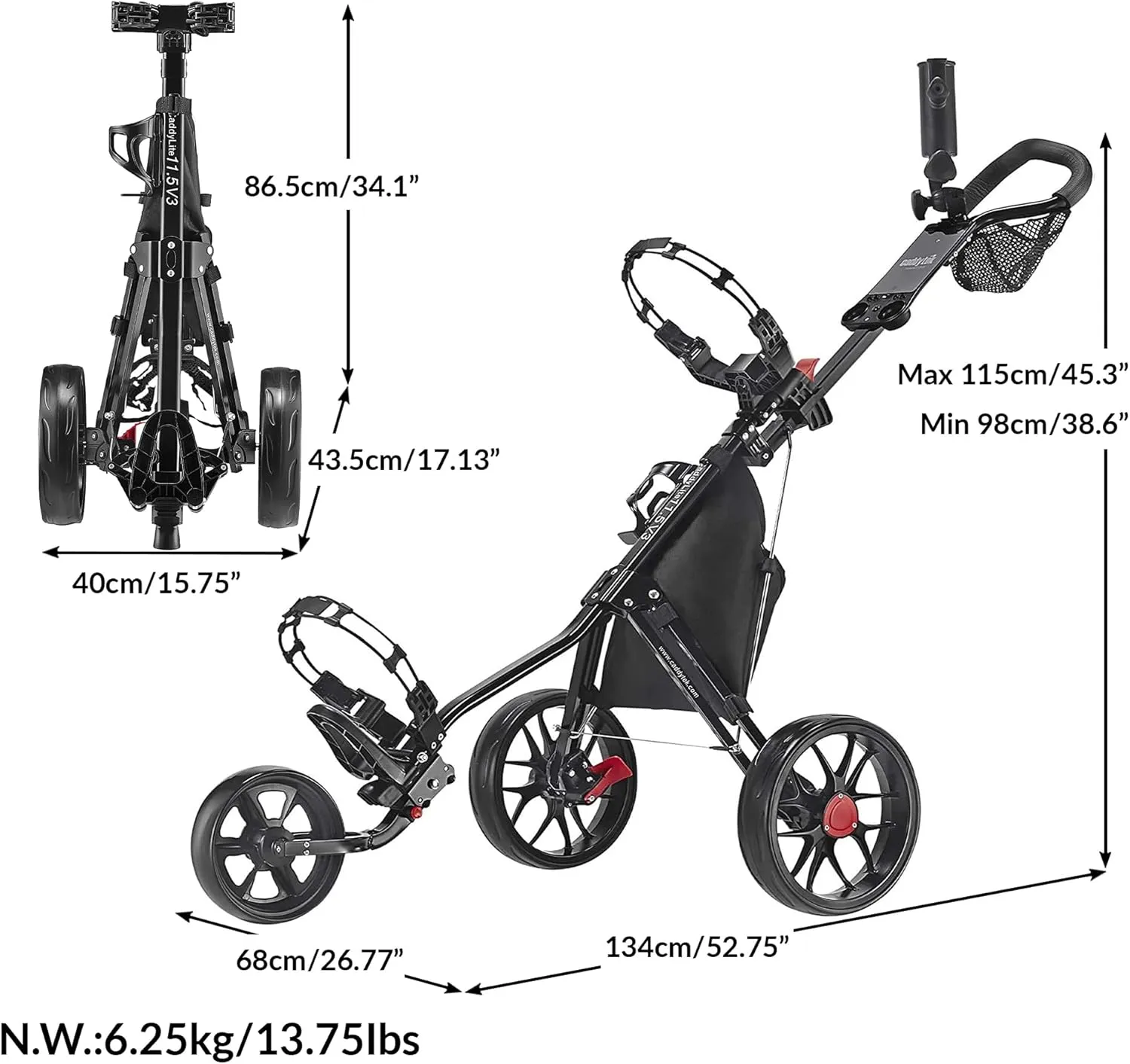 CaddyTek 3 Wheel Golf Push Cart - Lightweight, Close Folding Push Pull Caddy Cart, Easy to Open - CaddyLite 11.5 V3