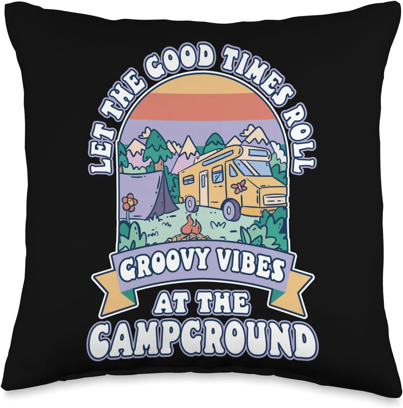 Campground Tent Camping Campfire Throw Pillow