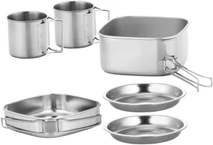 Camping Accessories Cooking Kit Stainless Steel Portable Pot Folding Handle Plate Set Outdoor Cooking Equipment