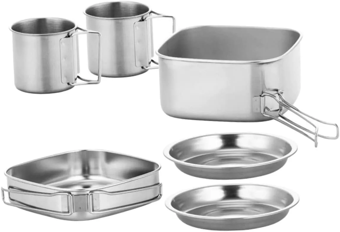 Camping Accessories Cooking Kit Stainless Steel Portable Pot Folding Handle Plate Set Outdoor Cooking Equipment