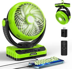 Camping Fan 40000mAh Rechargeable tent fans for camping hanging High Velocity Floor Fan Auto Oscillation Remote Control Timer Cordless Outdoor Fan for Car Travel RV Camp Hurricane Emergency