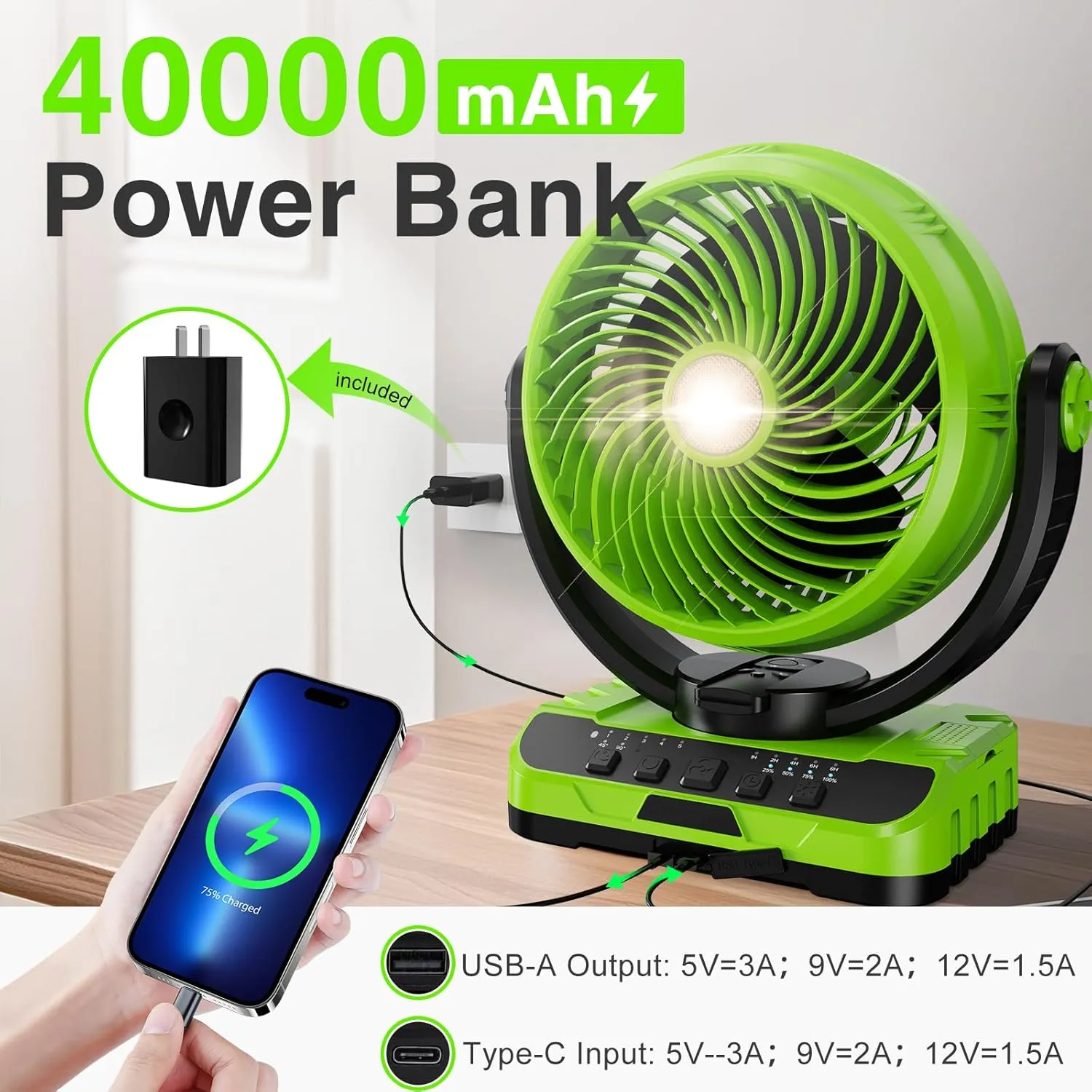 Camping Fan 40000mAh Rechargeable tent fans for camping hanging High Velocity Floor Fan Auto Oscillation Remote Control Timer Cordless Outdoor Fan for Car Travel RV Camp Hurricane Emergency
