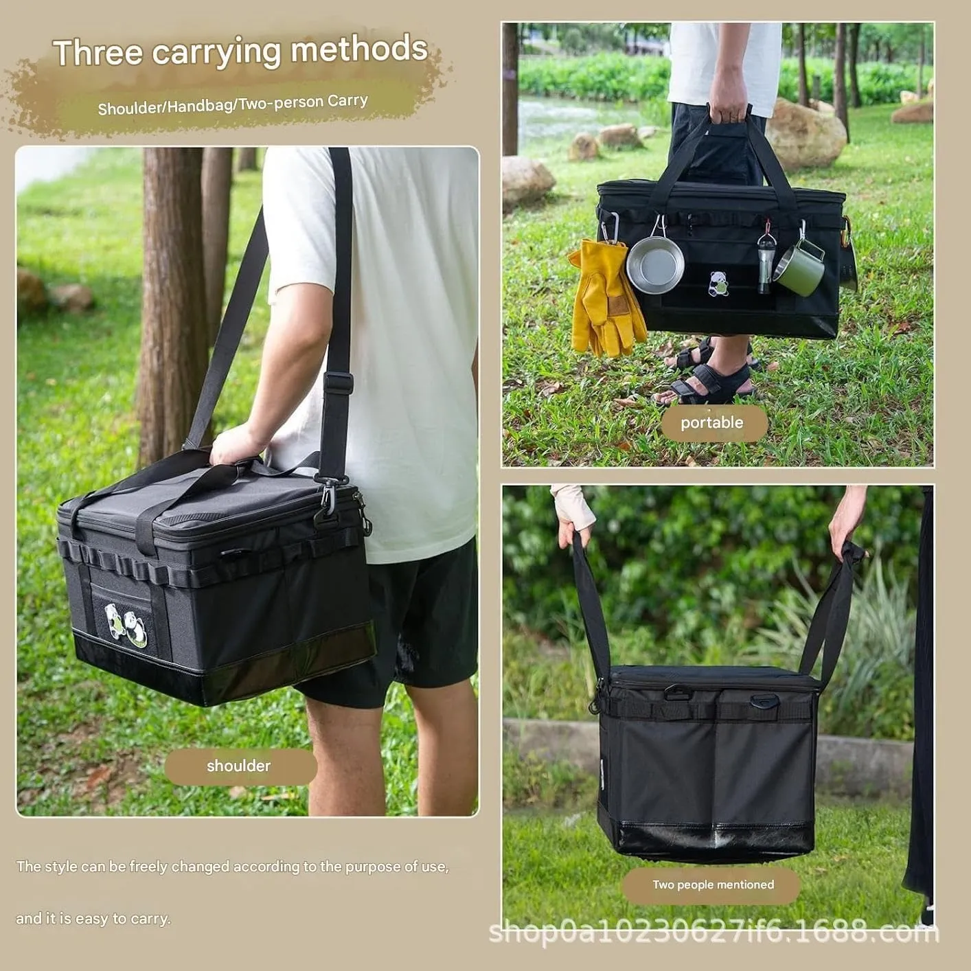 Camping Gear Storage Bag – Tactical Outdoor Equipment Organizer, Waterproof Foldable Utility Tote with Clips, Straps & Plastic Bags(Black47L(HardPack))