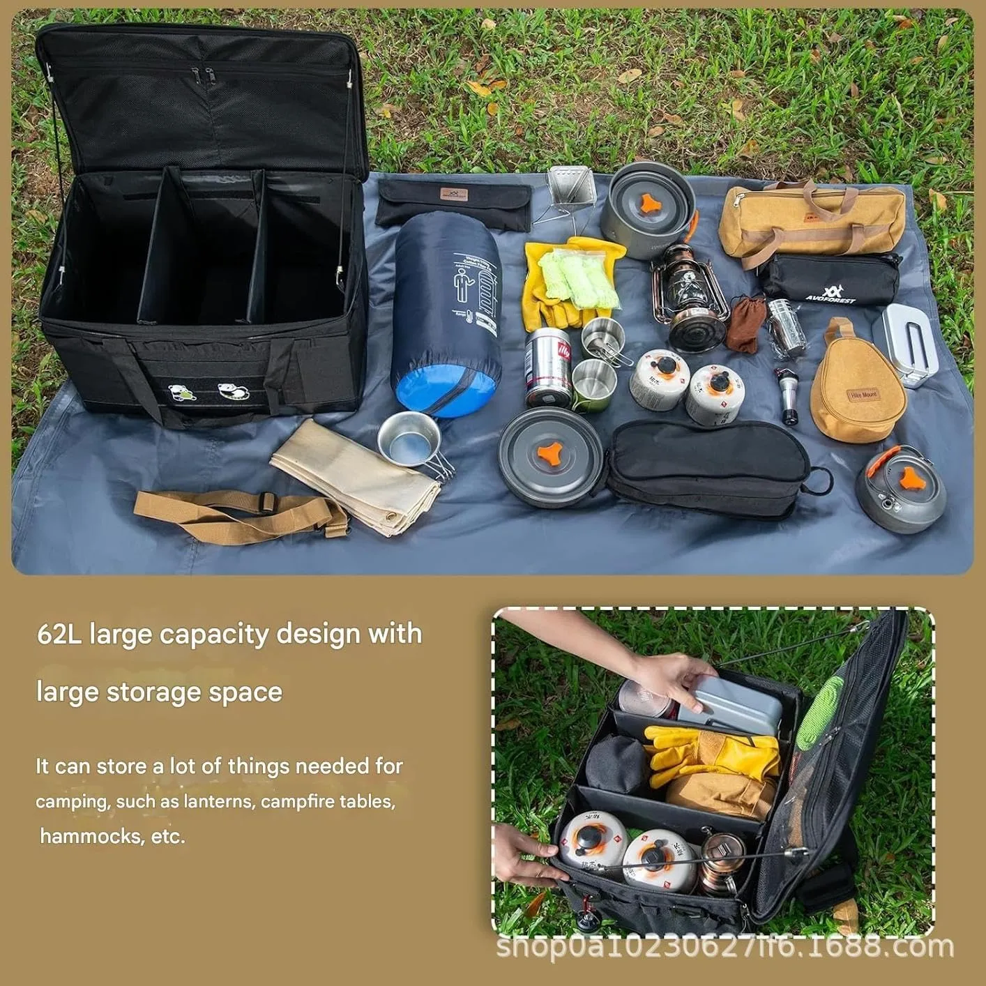 Camping Gear Storage Bag – Tactical Outdoor Equipment Organizer, Waterproof Foldable Utility Tote with Clips, Straps & Plastic Bags(Black47L(HardPack))