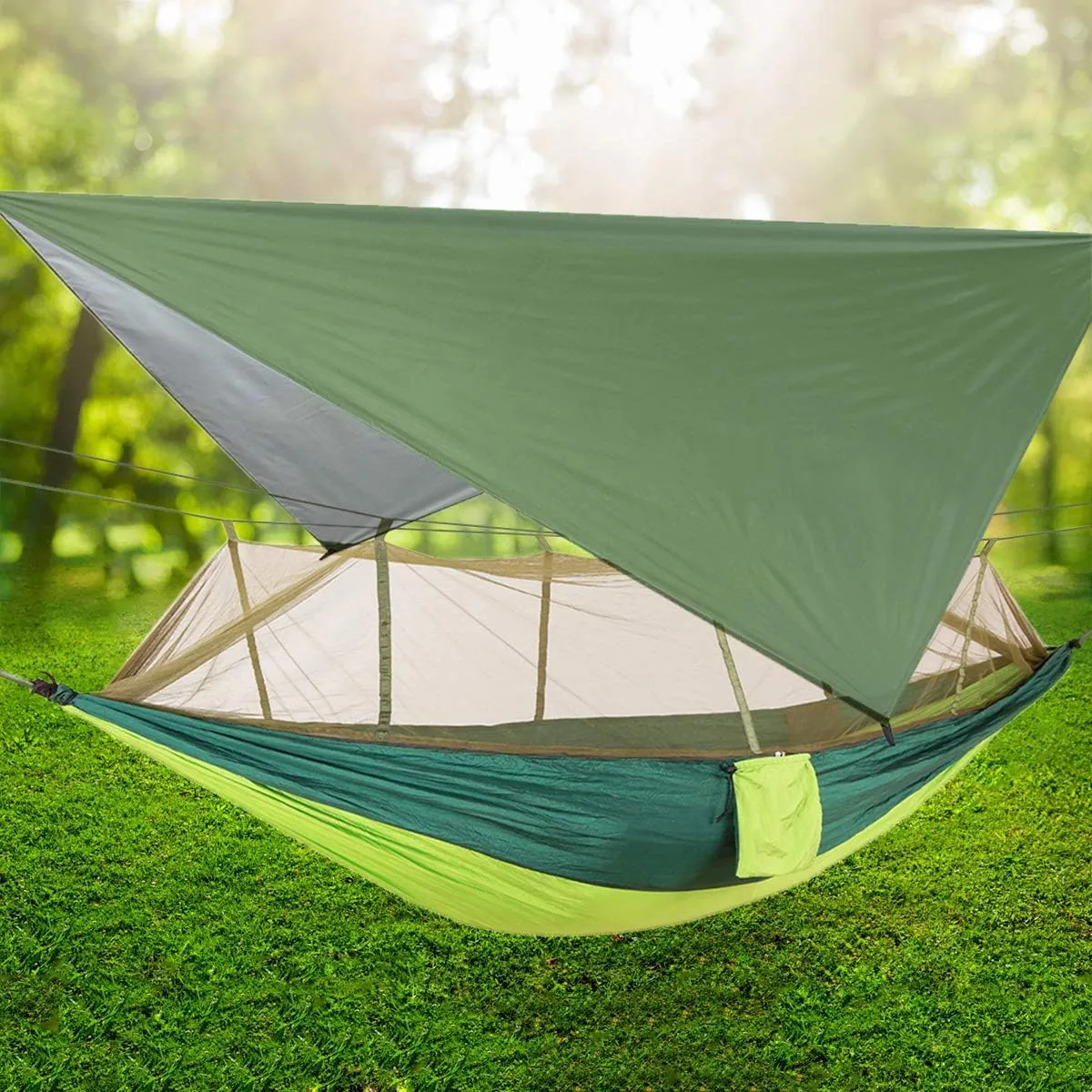 Camping Hammock, Double & Single Portable Hammock with Tree Straps, Lightweight Nylon Hammock Swing Set with Net and Rain Fly Tarp and Pocket for Backpacking Hiking Travel Outdoor(Light Green)