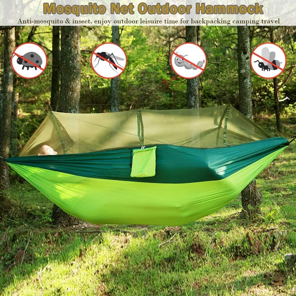 Camping Hammock, Double & Single Portable Hammock with Tree Straps, Lightweight Nylon Hammock Swing Set with Net and Rain Fly Tarp and Pocket for Backpacking Hiking Travel Outdoor(Light Green)