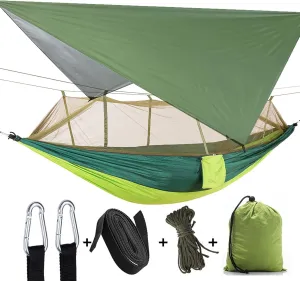 Camping Hammock, Double & Single Portable Hammock with Tree Straps, Lightweight Nylon Hammock Swing Set with Net and Rain Fly Tarp and Pocket for Backpacking Hiking Travel Outdoor(Light Green)
