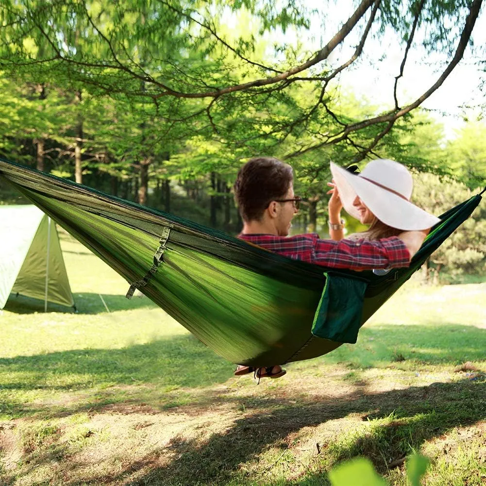 Camping Hammock, Double & Single Portable Hammock with Tree Straps, Lightweight Nylon Hammock Swing Set with Net and Rain Fly Tarp and Pocket for Backpacking Hiking Travel Outdoor(Light Green)