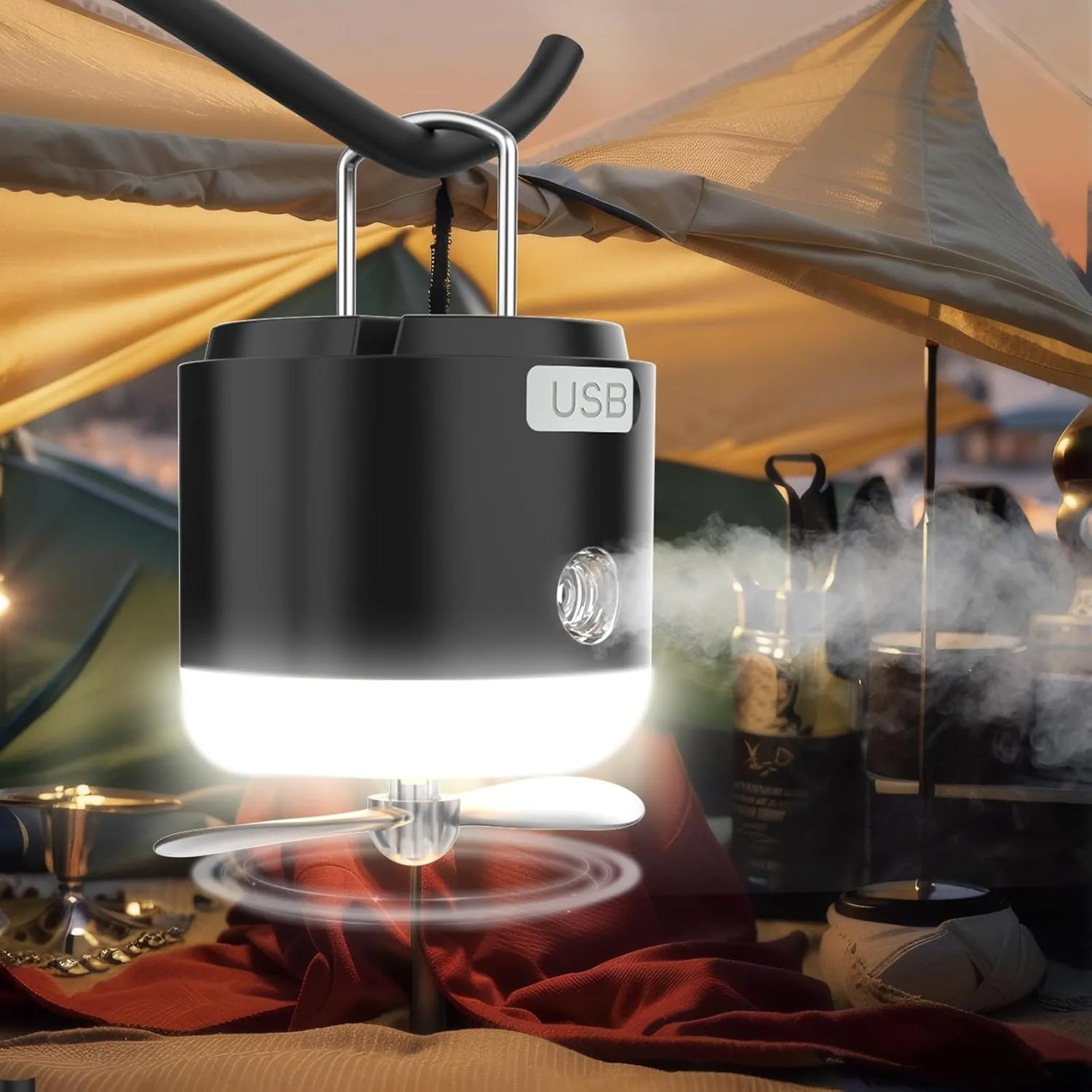 Camping Lantern with Fans Mist Spray Camping Light Power Bank IPX7 Waterproof Camping Lamp with Magnetic Base for Car Outdoor Hiking for Tree