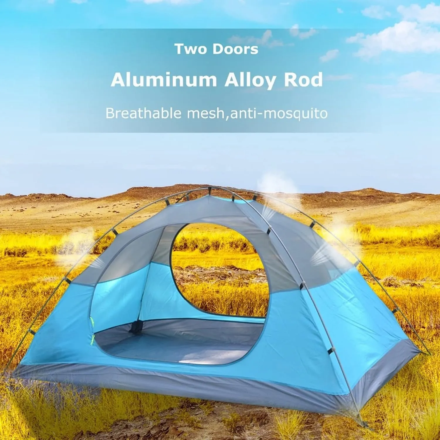 Camping Tent 3-4 Person Family Tent, Lightweight Portable Alumimun Pole Waterproof Anti-Storm Double Layer 4 Season Camping Tent (Color : Blue) (Blue