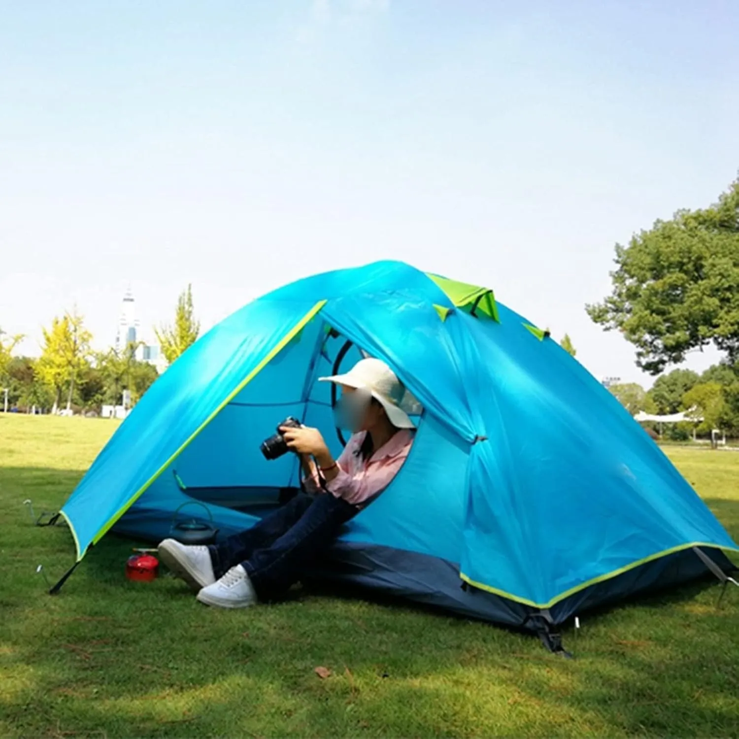 Camping Tent 3-4 Person Family Tent, Lightweight Portable Alumimun Pole Waterproof Anti-Storm Double Layer 4 Season Camping Tent (Color : Blue) (Blue
