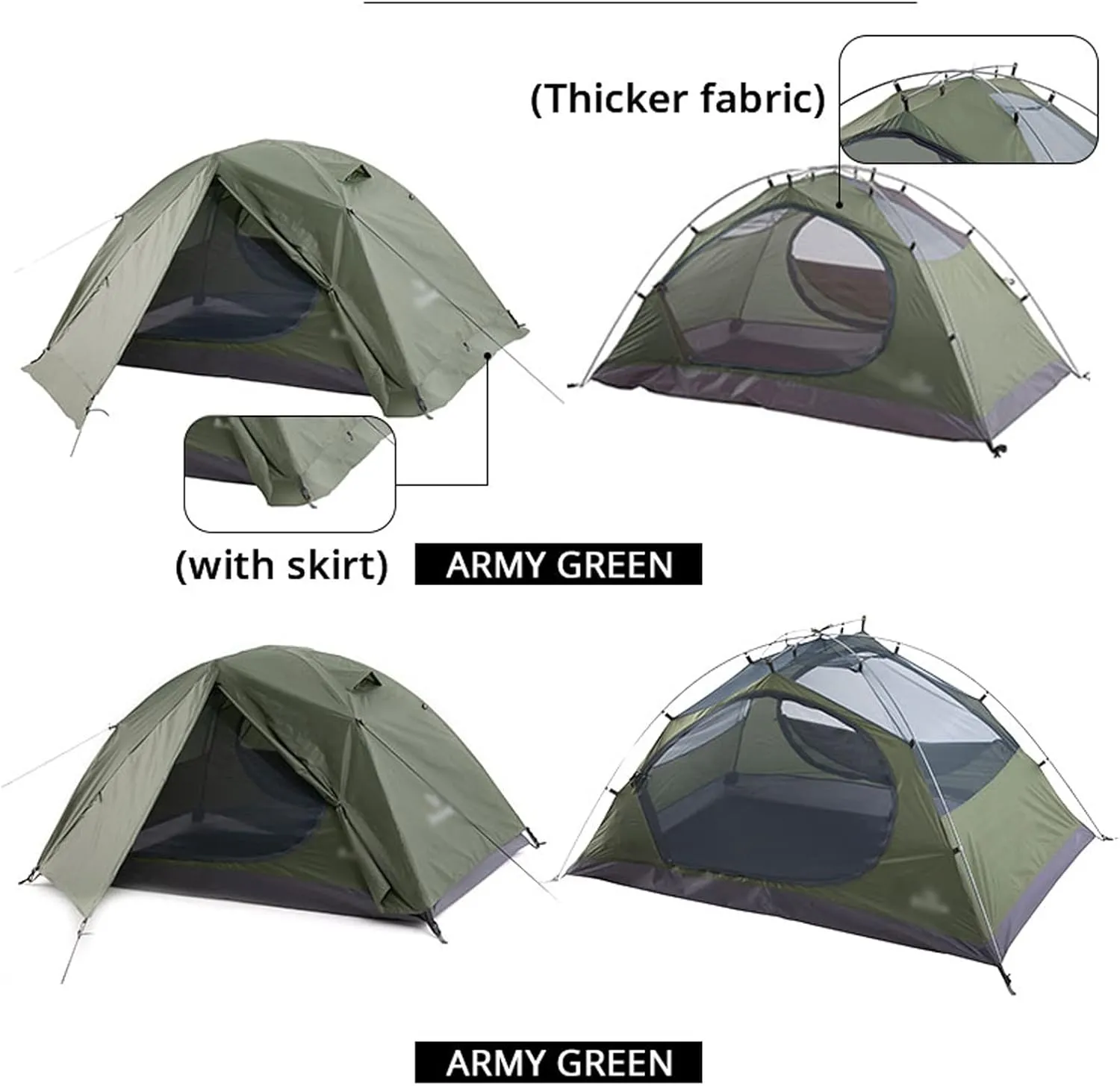 Camping Tents, 2 People Backpacking Tent Outdoor Camping 4 Season Winter Skirt Tent Double Layer Waterproof Hiking Survival (Color : Green, Size : 3 Season 2P)