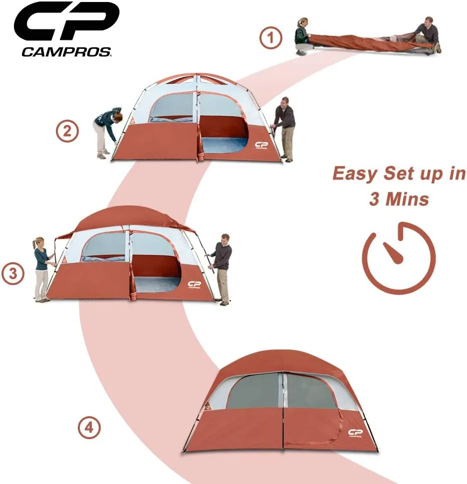 CAMPROS CP Tent 6/8 Person Camping Tents, Waterproof Windproof Family Tent with Top Rainfly, Large Mesh Windows, Double Layer, Easy Set Up, Portable with Carry Bag, for All Seasons
