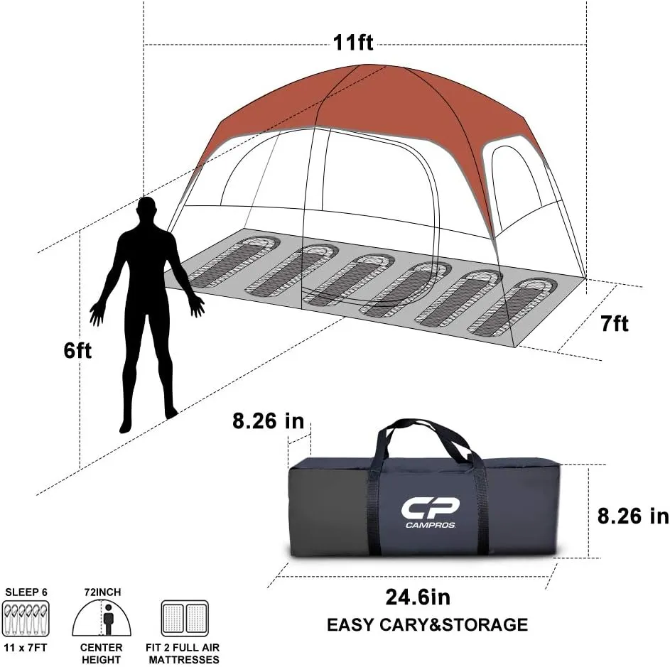 CAMPROS CP Tent 6/8 Person Camping Tents, Waterproof Windproof Family Tent with Top Rainfly, Large Mesh Windows, Double Layer, Easy Set Up, Portable with Carry Bag, for All Seasons
