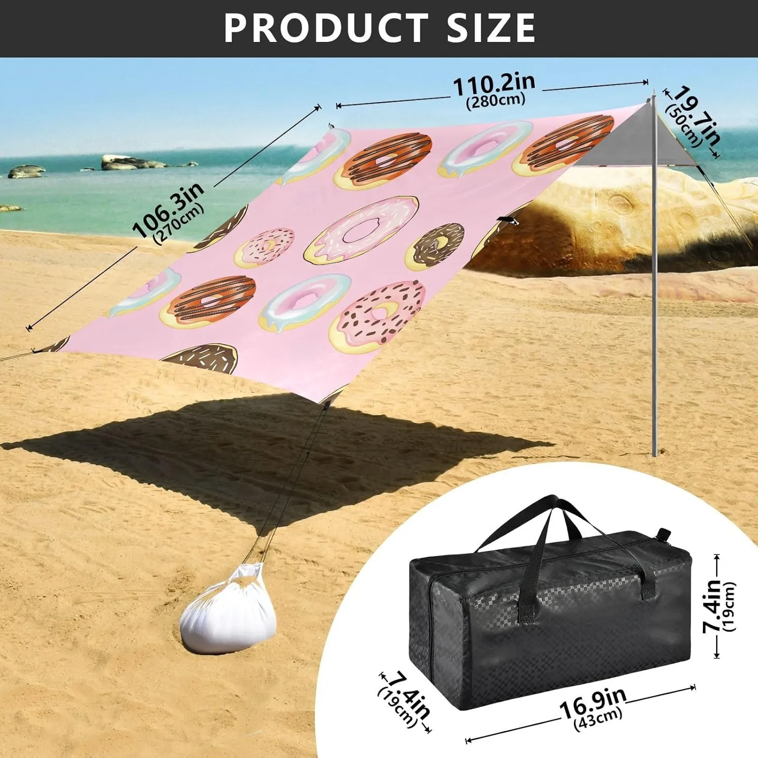 Canopy Beach Tent Colorful Donuts Pink Outdoor Sun Shade Patio 9.2 × 10.5 FT Large Sand Camping Sun Shelter Shelters with Poles Sand Anchor