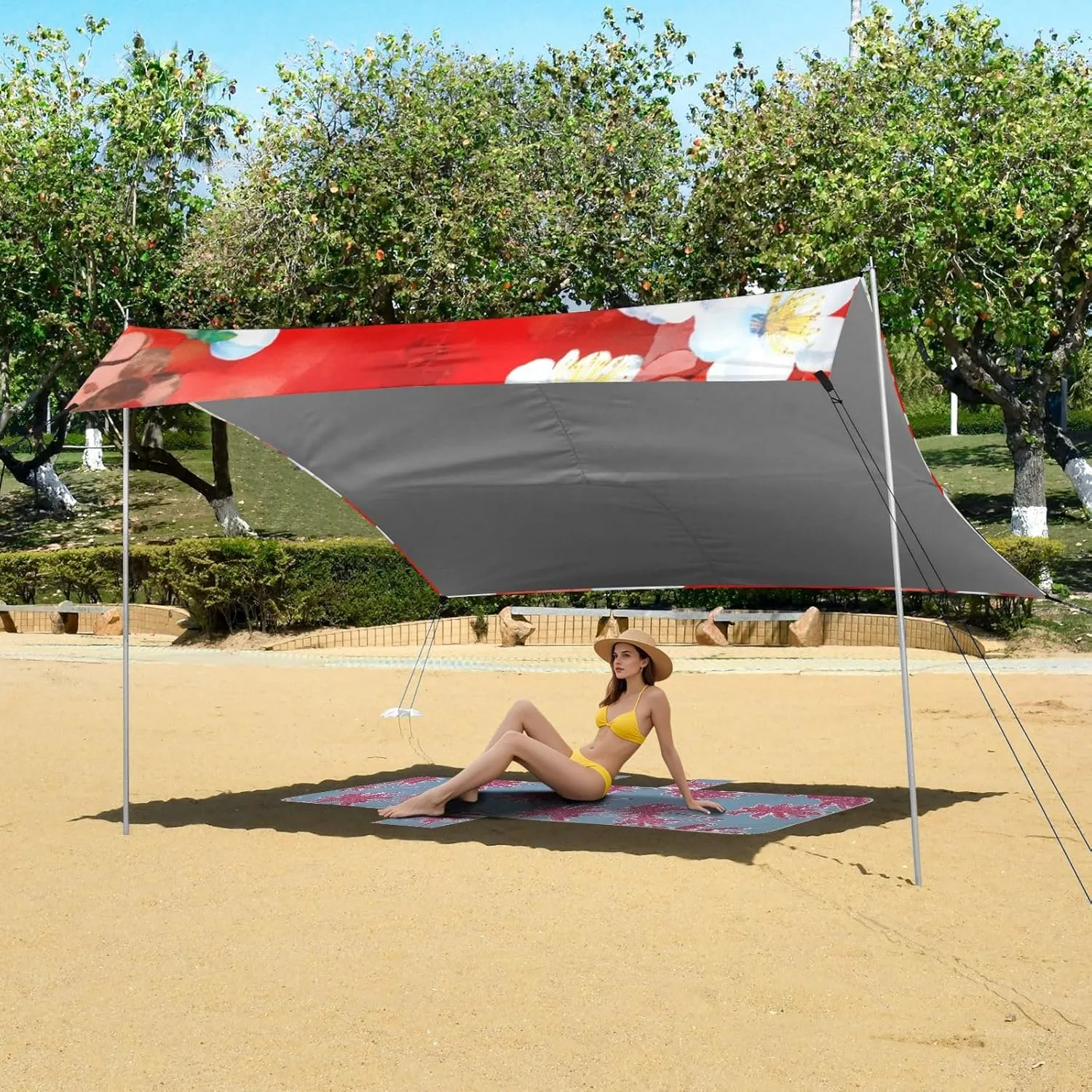 Canopy Tent Beach Outdoor Sun Shade Patio 9.2 × 10.5 FT White Cherry Blossom Flowers Red Camping Sun Shelter Yard Large Windproof with Poles Sand Anchor