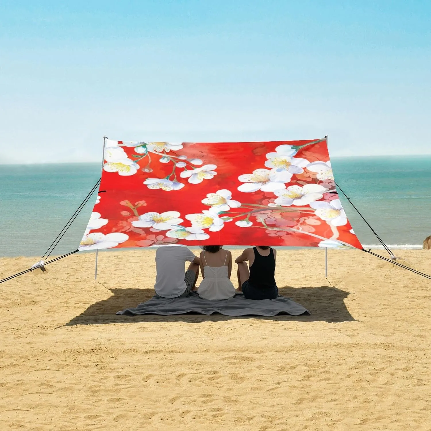 Canopy Tent Beach Outdoor Sun Shade Patio 9.2 × 10.5 FT White Cherry Blossom Flowers Red Camping Sun Shelter Yard Large Windproof with Poles Sand Anchor