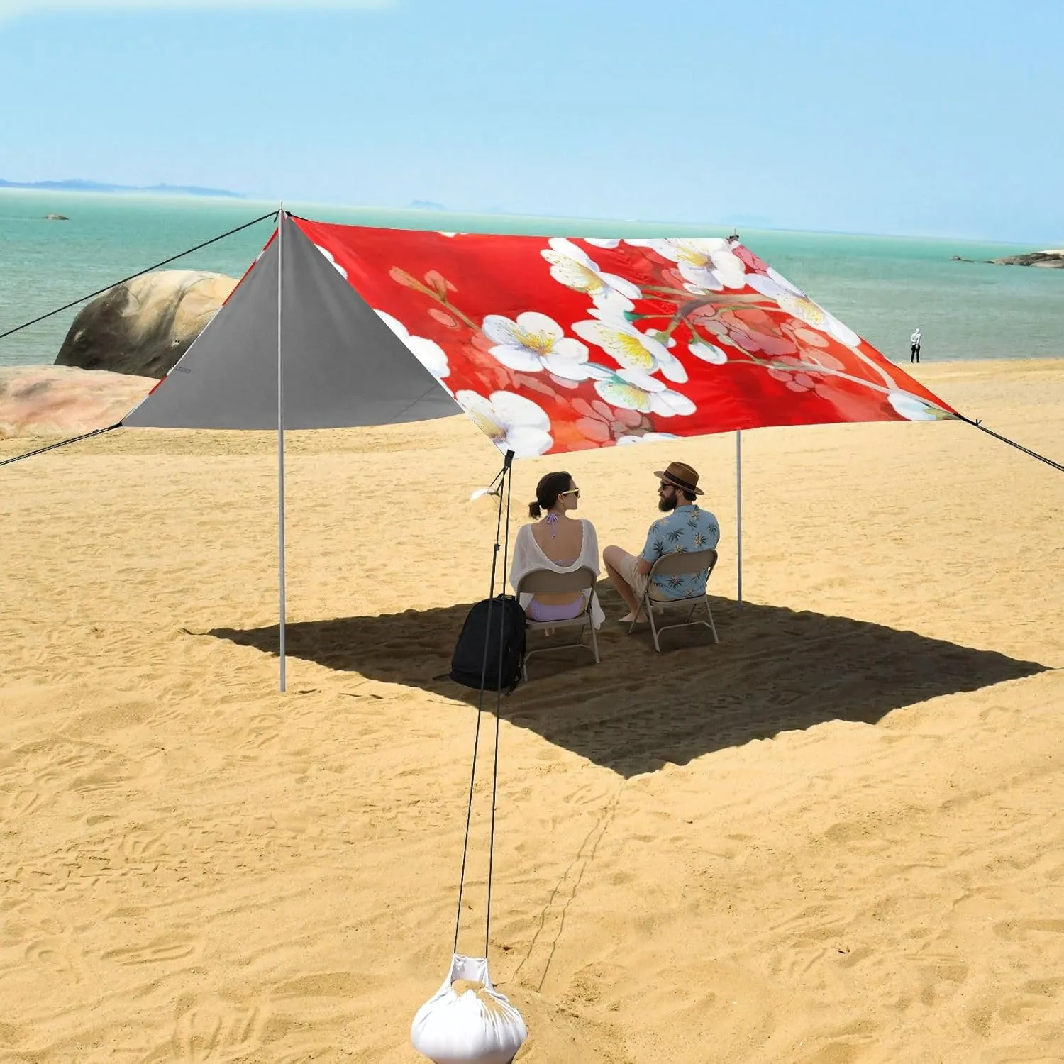 Canopy Tent Beach Outdoor Sun Shade Patio 9.2 × 10.5 FT White Cherry Blossom Flowers Red Camping Sun Shelter Yard Large Windproof with Poles Sand Anchor