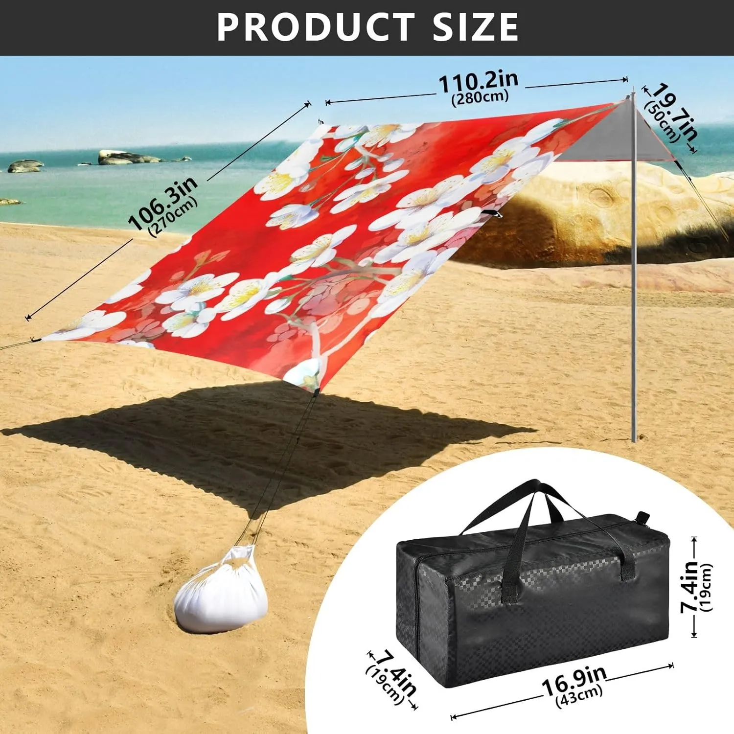 Canopy Tent Beach Outdoor Sun Shade Patio 9.2 × 10.5 FT White Cherry Blossom Flowers Red Camping Sun Shelter Yard Large Windproof with Poles Sand Anchor