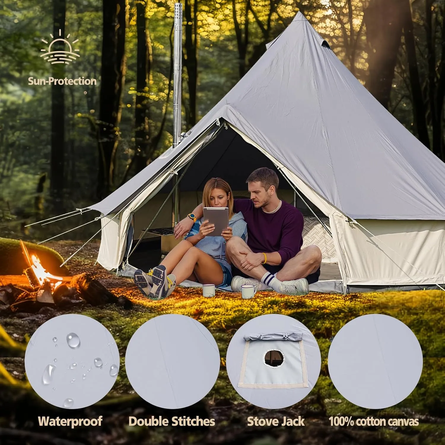 Canvas Tent Bell Tent,Yurt Tent with Stove Jack,4 Season Tent with Zipped Removable Floor,Family Camping Outdoor Hunting Party