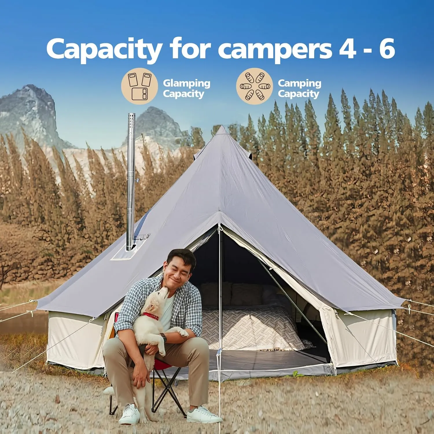 Canvas Tent Bell Tent,Yurt Tent with Stove Jack,4 Season Tent with Zipped Removable Floor,Family Camping Outdoor Hunting Party