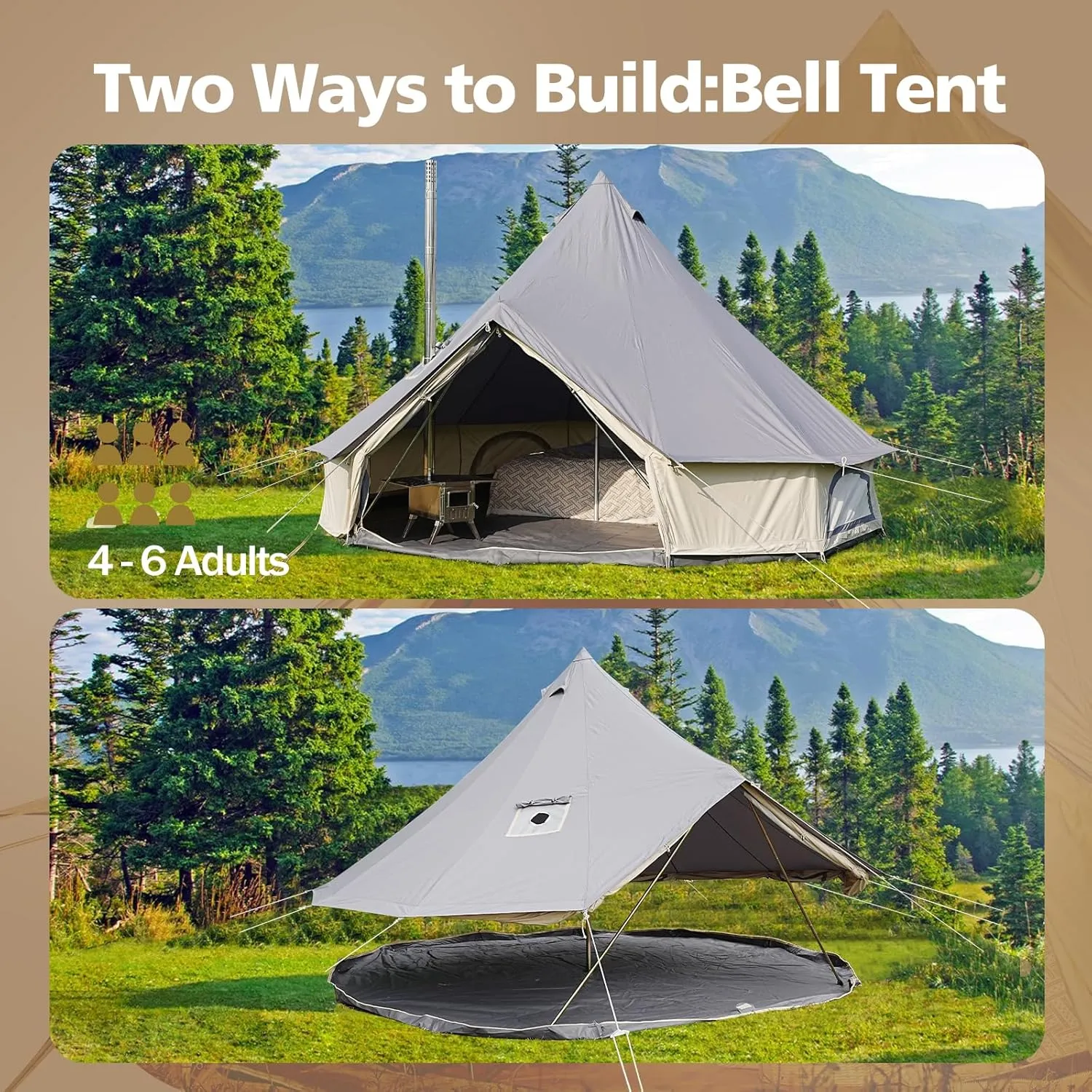 Canvas Tent Bell Tent,Yurt Tent with Stove Jack,4 Season Tent with Zipped Removable Floor,Family Camping Outdoor Hunting Party
