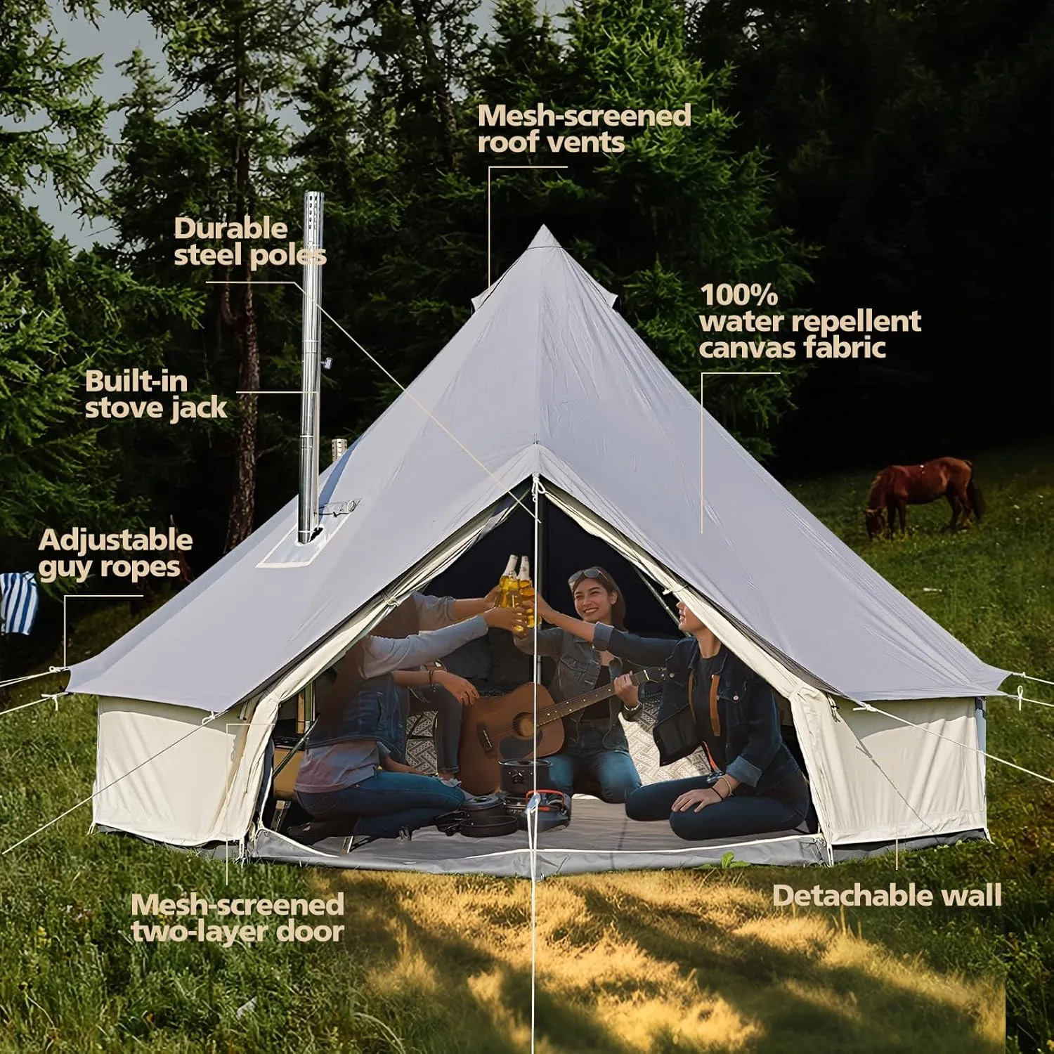Canvas Tent Bell Tent,Yurt Tent with Stove Jack,4 Season Tent with Zipped Removable Floor,Family Camping Outdoor Hunting Party