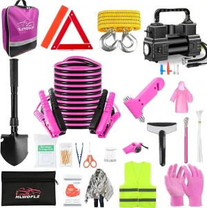 Car Roadside Emergency Kit, Vehicle Truck Safety Emergency Road Side Assistance Kits with Jumper Cables, Pink