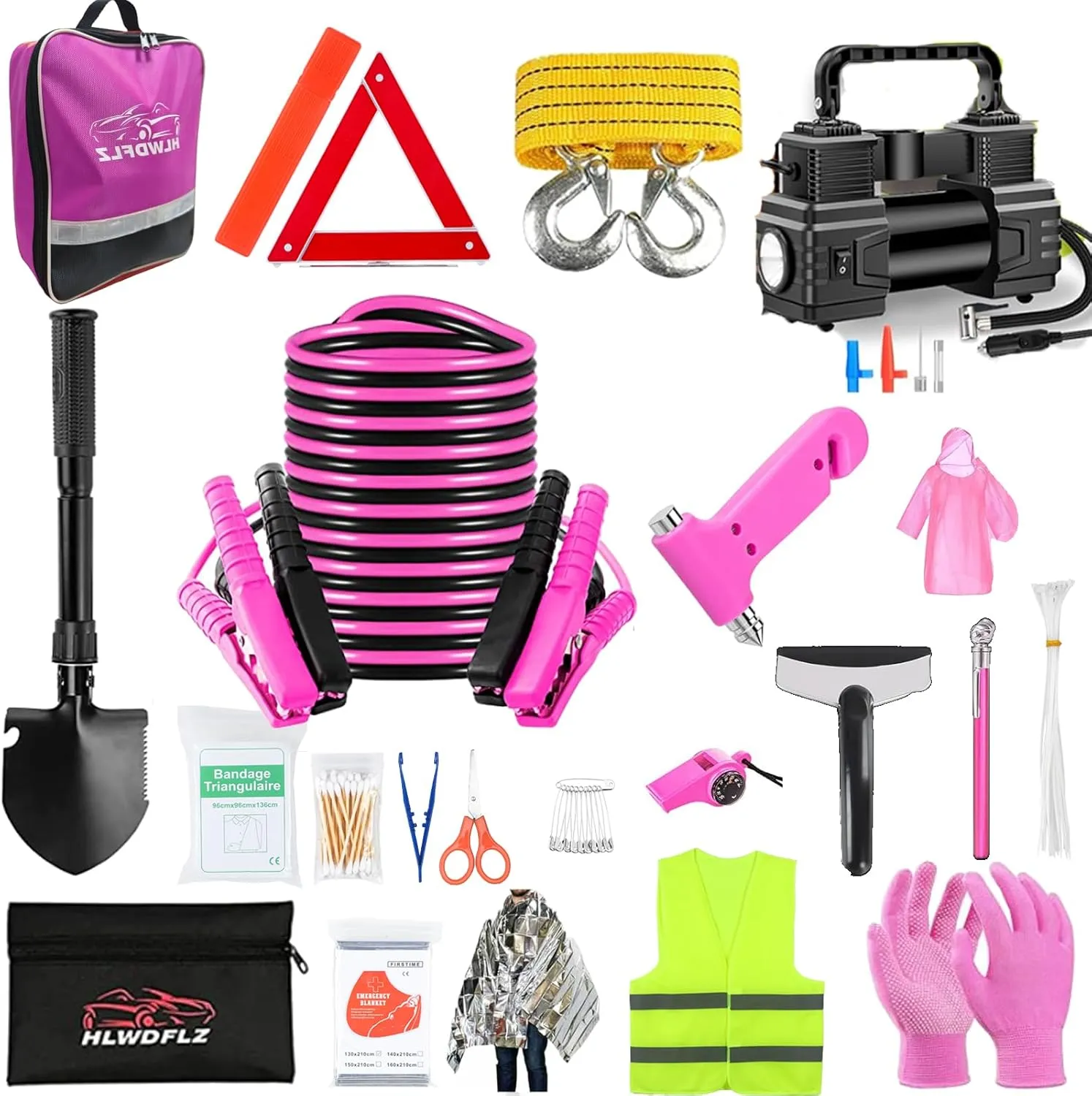 Car Roadside Emergency Kit, Vehicle Truck Safety Emergency Road Side Assistance Kits with Jumper Cables, Pink