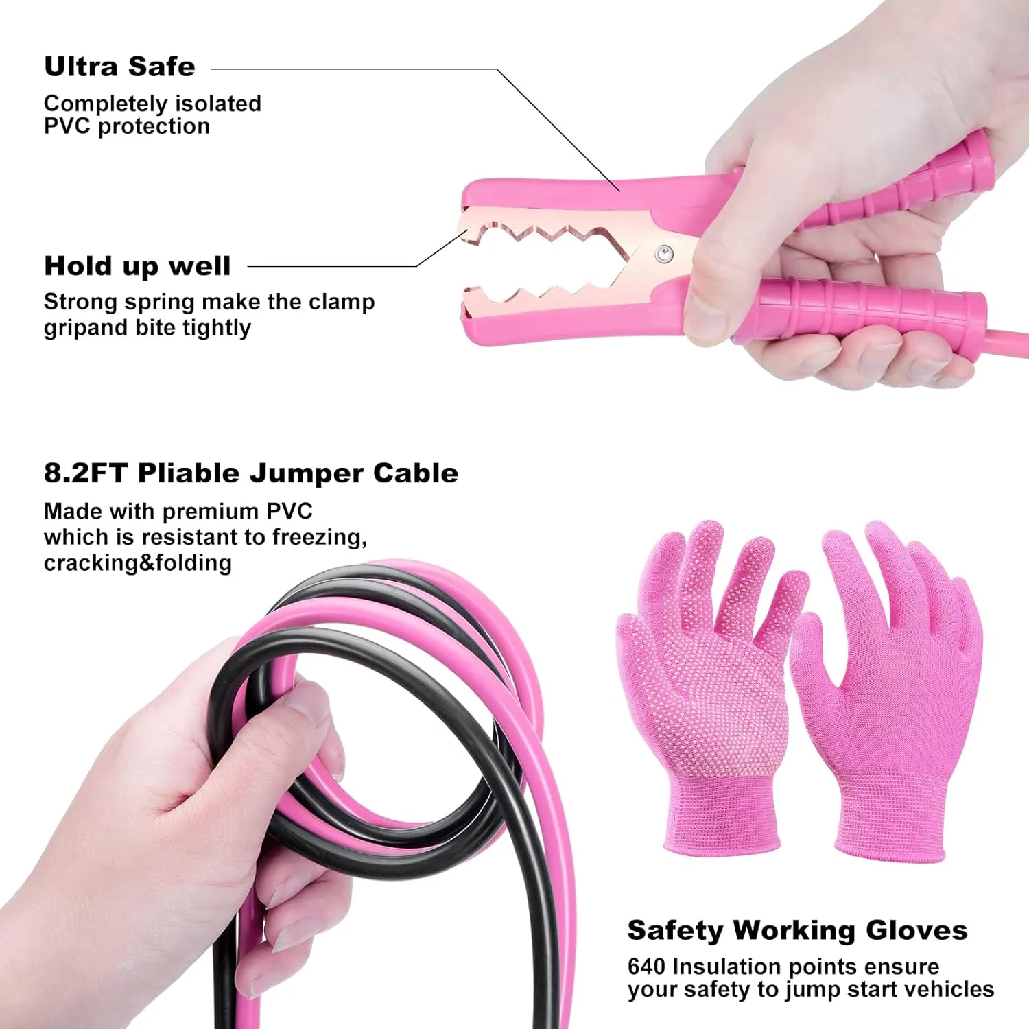 Car Roadside Emergency Kit, Vehicle Truck Safety Emergency Road Side Assistance Kits with Jumper Cables, Pink