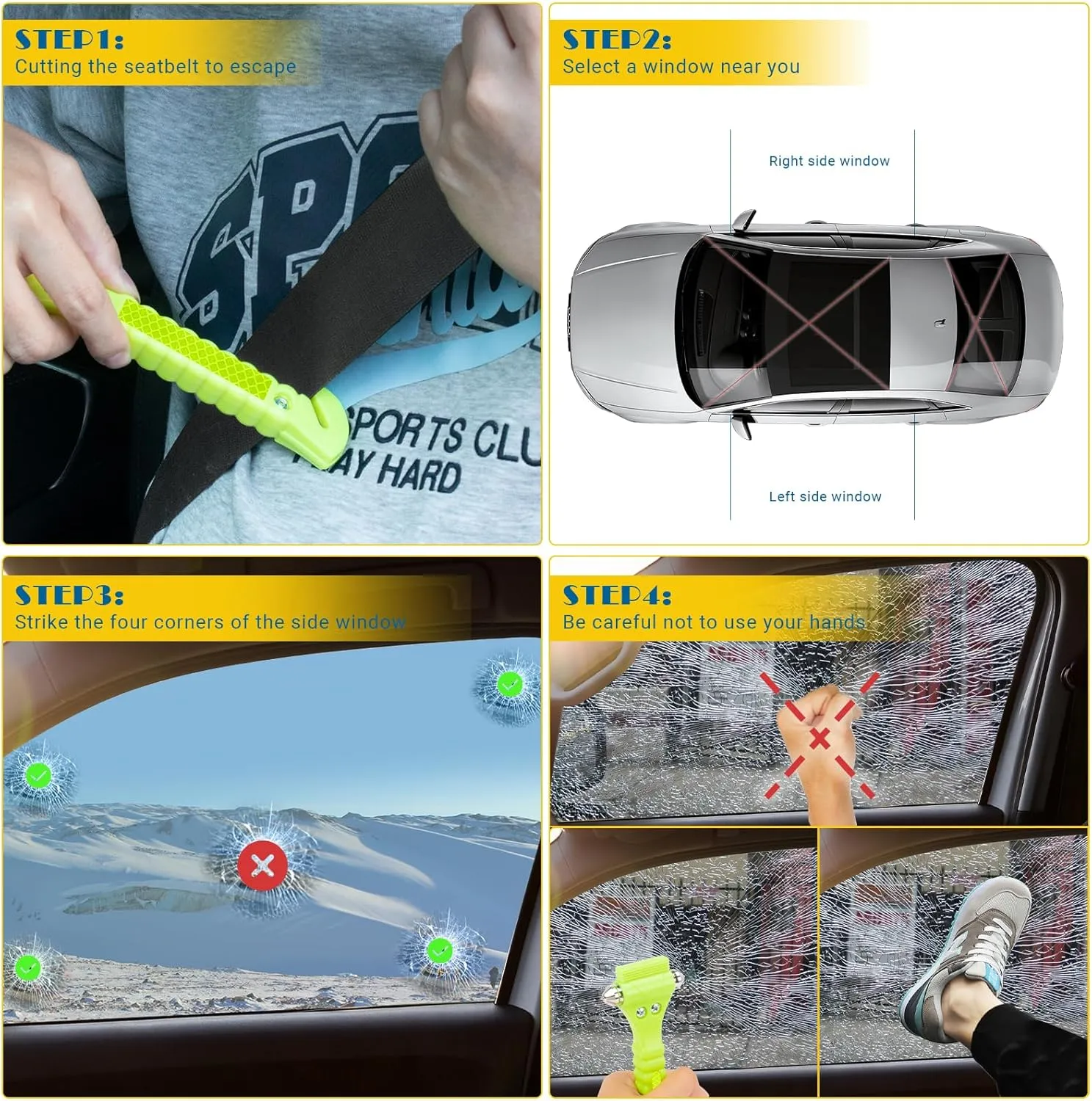 Car Safety Hammer Window Breaker, 2-in-1 Emergency Escape Tool with Seat Belt Cutter for Women, 8 Pack Fluorescent Green Safety Escape Hammer for Car, Family