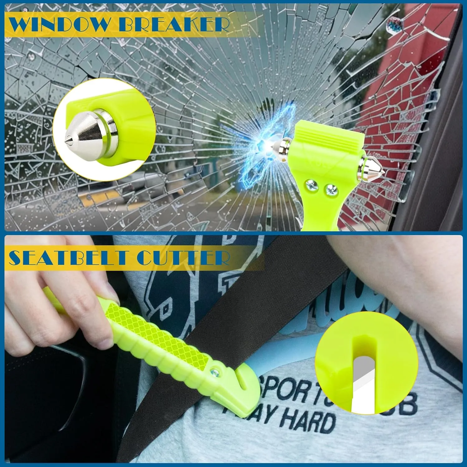 Car Safety Hammer Window Breaker, 2-in-1 Emergency Escape Tool with Seat Belt Cutter for Women, 8 Pack Fluorescent Green Safety Escape Hammer for Car, Family