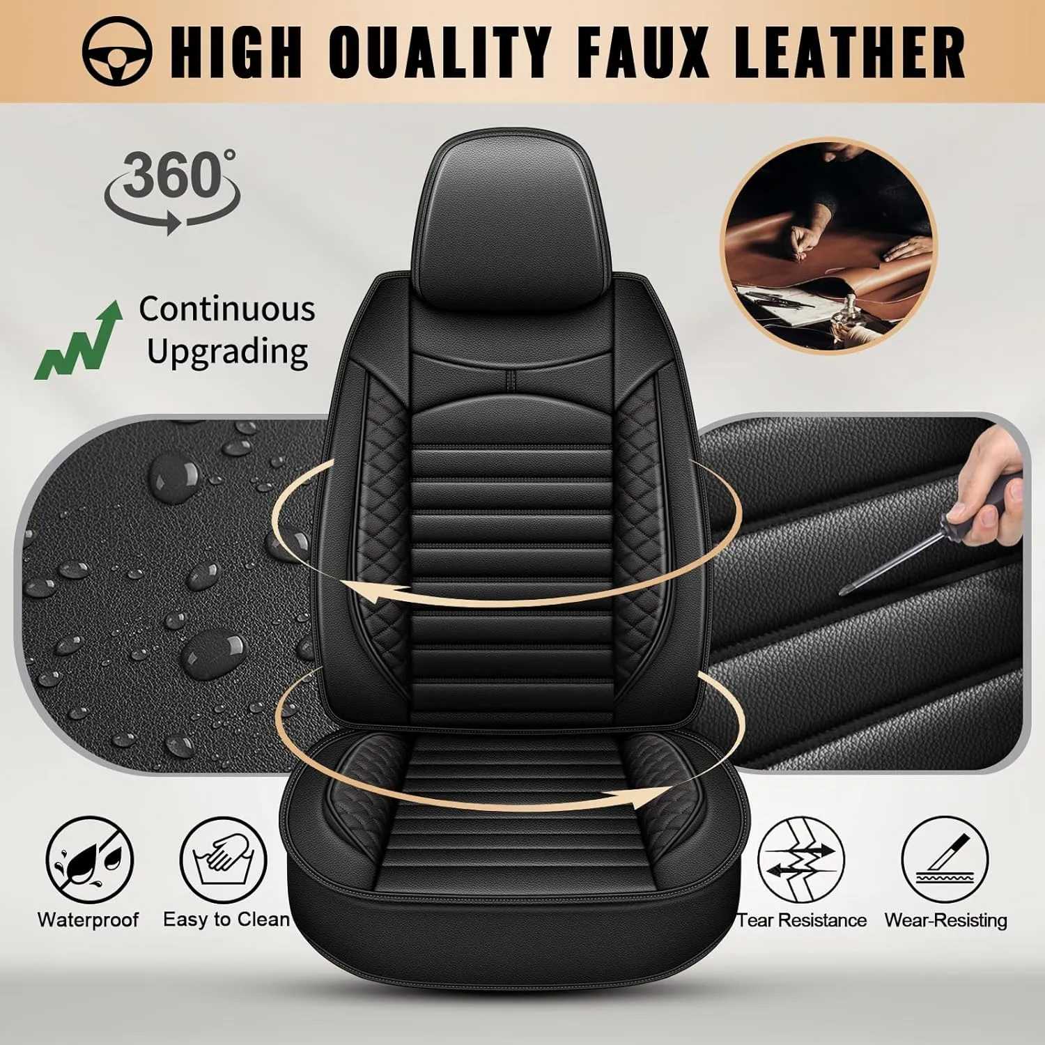 Car Seat Covers Fit for Hyundai Kona 2018-2025: Full Set 5 Seats Faux Leather Seat Cover Waterproof Seat Protectors Automotive Seat Cushion(Black)-2 Rows 5 Seats