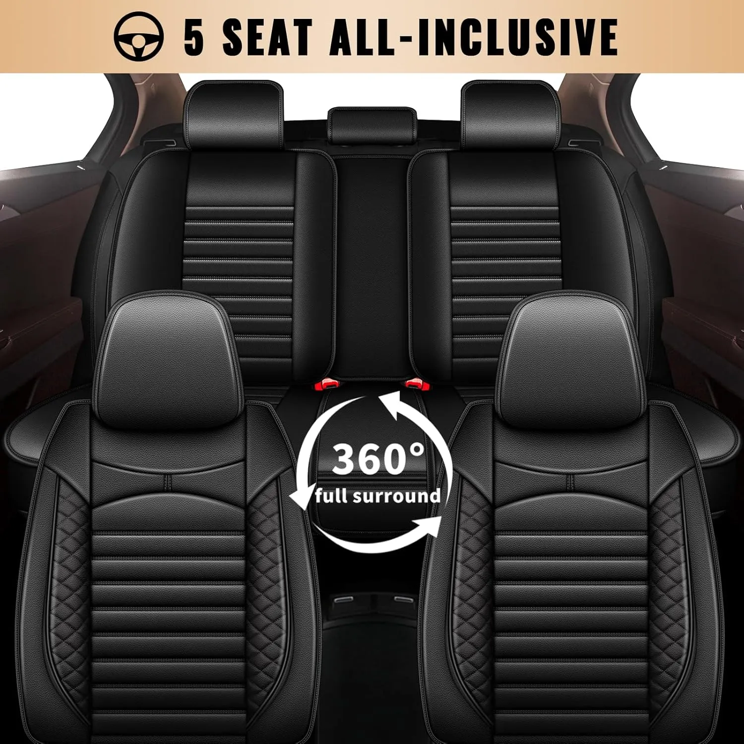 Car Seat Covers Fit for Hyundai Kona 2018-2025: Full Set 5 Seats Faux Leather Seat Cover Waterproof Seat Protectors Automotive Seat Cushion(Black)-2 Rows 5 Seats