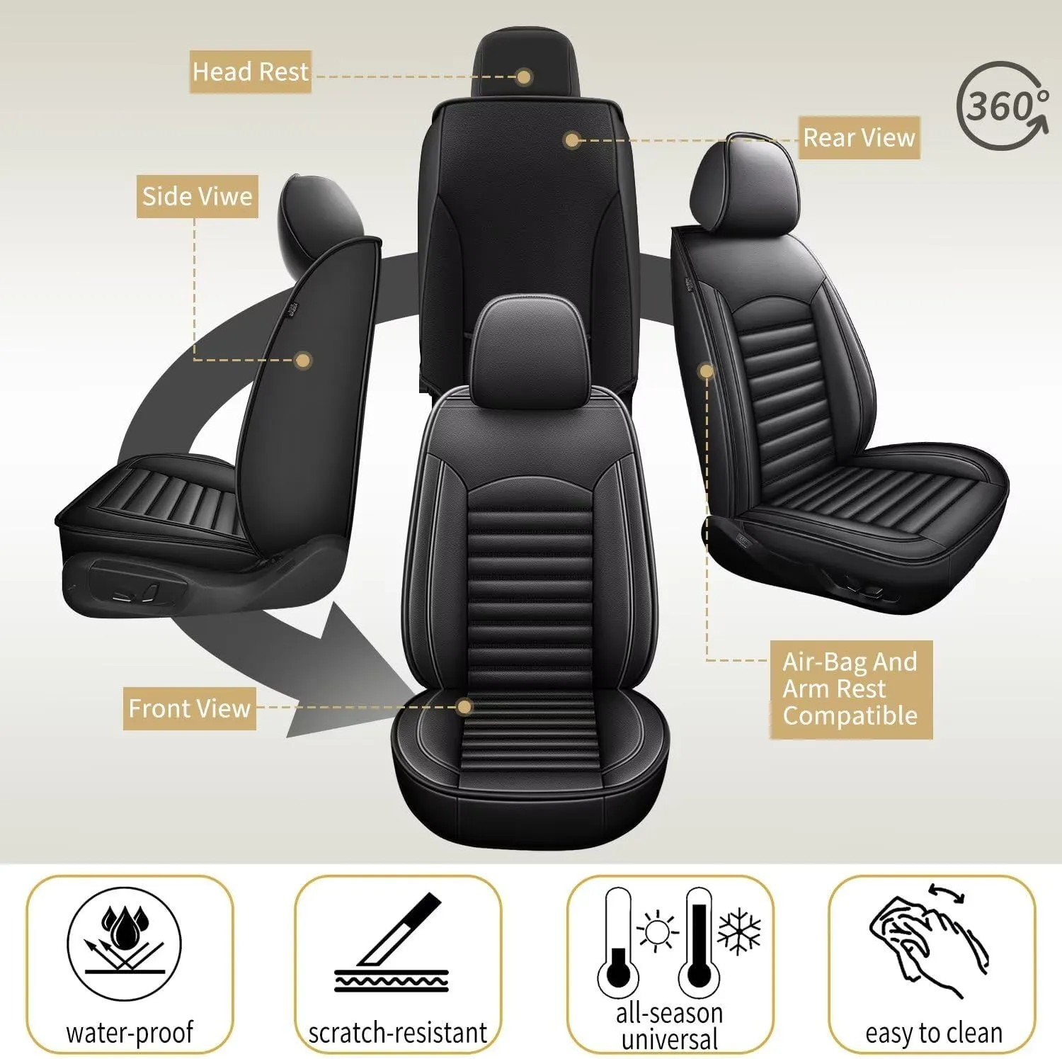 Car Seat Covers Fit for Hyundai Santa Cruz 2022 2023 2024 2025 Faux Full Set of Seat Cover Airbag Compatible Waterproof Seat Cushion(2 Rows 5 Seats)-Black