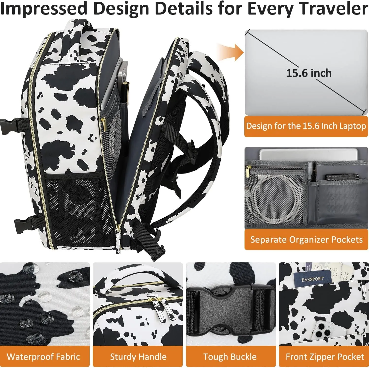 Carry on Backpack for Women TSA Approved 15.6 Inch Travel Laptop Backpack for Women Travel Essentials Womens Travel Backpack Cow Print