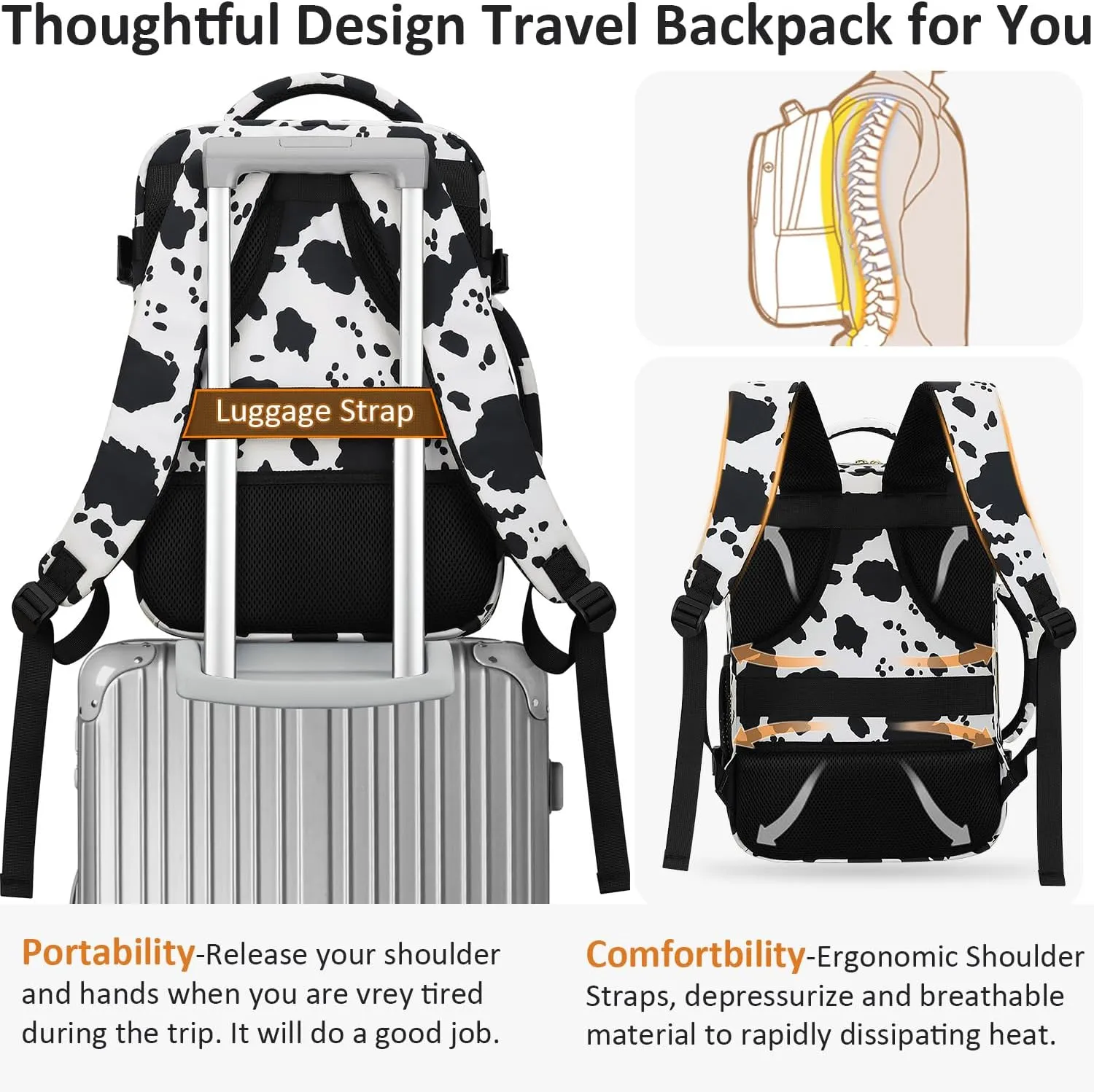 Carry on Backpack for Women TSA Approved 15.6 Inch Travel Laptop Backpack for Women Travel Essentials Womens Travel Backpack Cow Print
